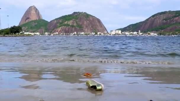 Golden Shoe Stranded Washed Garbage Waste Trash Pollution Botafogo Beach — Stockvideo