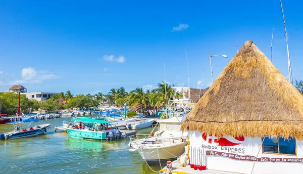 Holbox Meksika 21. Aralık 2021 'de güzel Holbox adasında Holbox Express feribot limanı Muelle de Holbox limanı ve Quintana Roo Mexico' daki turkuaz su manzarası..