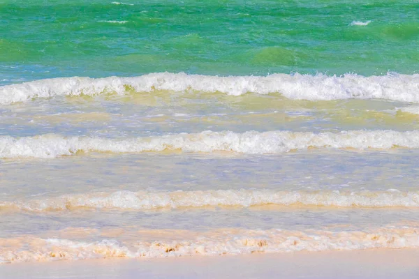 Panorama manzaralı güzel Holbox adası kumsalı ve kumsalı Quintana Roo Mexico 'da turkuvaz su ve mavi gökyüzü.