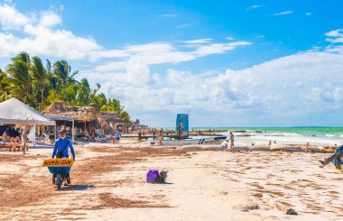Holbox Meksika 21. Aralık 2021 'de Panorama manzarası güzel Holbox adası kumsalında ve sahilde dalgalar turkuaz su ve mavi gökyüzü Quintana Roo Mexico' da.