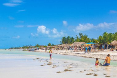 Holbox Meksika 21. Aralık 2021 'de Panorama manzarası güzel Holbox adası kumsalında ve sahilde dalgalar turkuaz su ve mavi gökyüzü Quintana Roo Mexico' da.