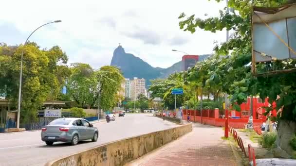 Botafogo Beach Brazil October 2020 Cristo Redentor Corcovado Mountain Panorama — Stockvideo