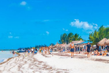Holbox Meksika 21. Aralık 2021 'de Panorama manzarası güzel Holbox adası kumsalında ve sahilde dalgalar turkuaz su ve mavi gökyüzü Quintana Roo Mexico' da.