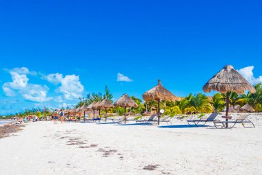 Holbox Meksika 22. Aralık 2021 'de Panorama manzara manzarası güzel Holbox adası kumsalı ve plajı Palapa kulübeleri ve güneş pansiyonları ve Quintana Roo Mexico' da mavi gökyüzü.