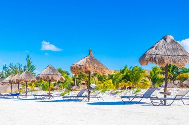 Panorama manzarası güzel Holbox adası kumsalı ve plajı Palapa barakaları ve güneş pansiyonları ve Quintana Roo Mexico 'da mavi gökyüzü.