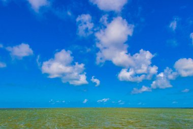 Feribottan manzara manzarası güzel Holbox adasına mavi bulutlu gökyüzü ve Quintana Roo Mexico 'daki turkuaz yeşil su.