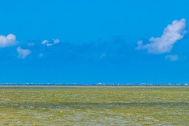Feribottan manzara manzarası güzel Holbox adasına mavi bulutlu gökyüzü ve Quintana Roo Mexico 'daki turkuaz yeşil su.