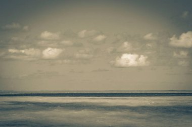 Feribottan, mavi bulutlu gökyüzü ve Quintana Roo Mexico 'daki turkuaz yeşil su ile güzel Holbox adasına uzanan manzaranın siyah ve beyaz bir resmi..