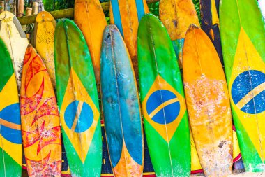Mangrove sahilinde Brezilya bayraklı renkli sörf tahtaları ve büyük tropikal ada Ilha Grande Rio de Janeiro Brezilya 'da Pouso plajı.