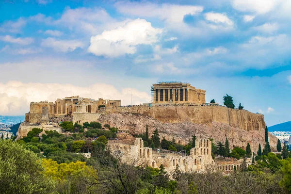 Acropolis Athens Hill Amazing Beautiful Ruins Parthenon Blue Cloudy Sky — Stock Photo, Image