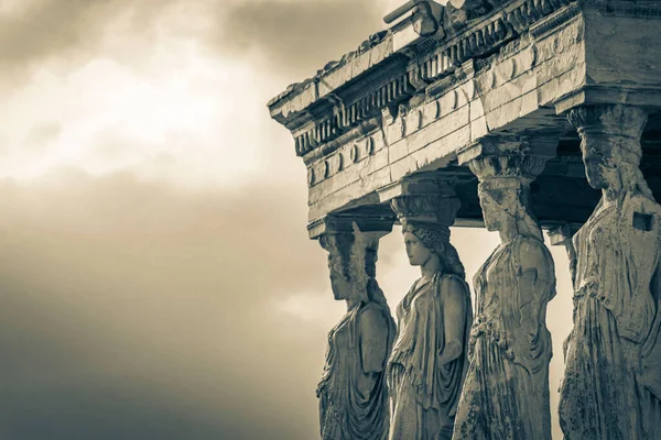 Fekete Fehér Kép Részleteket Ábrák Szobrok Oszlopok Akropolisz Athén Csodálatos — Stock Fotó