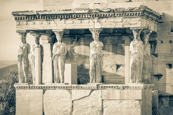 Černobílý Obrázek Detailů Figurky Sochy Sloupy Aténské Akropole Úžasnými Krásnými — Stock fotografie