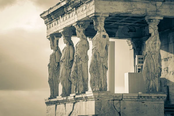 Zwart Wit Beeld Van Details Figuren Sculpturen Kolommen Van Akropolis — Stockfoto