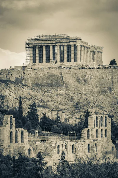 Foto Blanco Negro Acrópolis Atenas Colina Con Ruinas Increíbles Hermosas — Foto de Stock