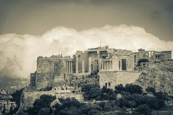 Foto Blanco Negro Acrópolis Atenas Colina Con Ruinas Increíbles Hermosas — Foto de Stock