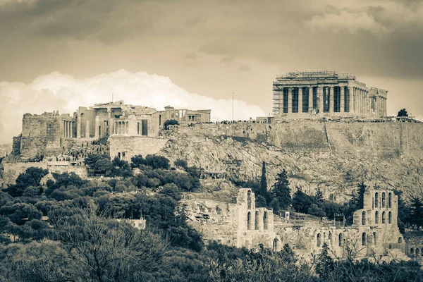 Imagem Preta Branca Acrópole Atenas Colina Com Ruínas Surpreendentes Bonitas — Fotografia de Stock