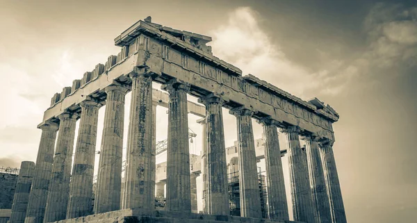 Foto Blanco Negro Acrópolis Atenas Con Ruinas Increíbles Hermosas Partenón — Foto de Stock