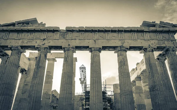 Foto Blanco Negro Acrópolis Atenas Con Ruinas Increíbles Hermosas Partenón — Foto de Stock