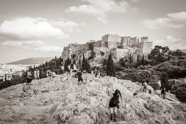 Atenas Grecia Octubre 2018 Foto Blanco Negro Acrópolis Atenas Con —  Fotos de Stock