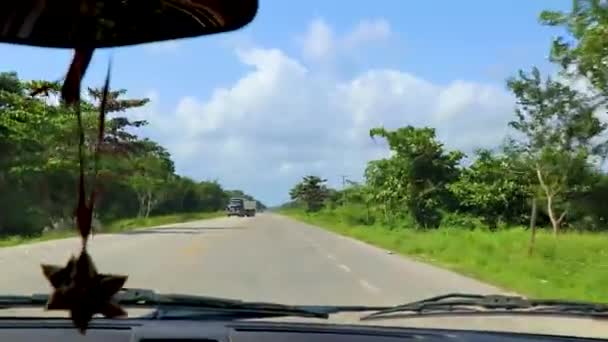 Rijden Snelweg Snelweg Naast Vrachtwagen Dumpers Andere Industriële Voertuigen Jungle — Stockvideo
