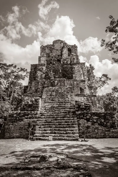 Starý Černobílý Obrázek Starověké Mayské Stránky Zříceninami Chrámu Pyramidy Artefakty — Stock fotografie