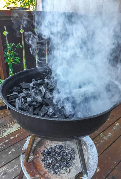Glowing Barbecue Charcoal Fire Smoke Turning Barbecue Grill Norway — Stock Photo, Image