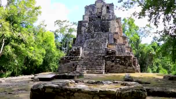 Antike Maya Stätte Mit Tempelruinen Pyramiden Und Artefakten Tropischen Urwald — Stockvideo