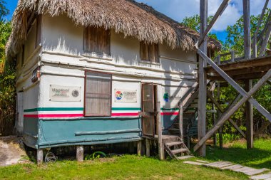 Muyil Meksika 02. Şubat 2022 'de Muyil Gölü manzaralı tropikal orman doğa ormanında insanlar Sian Ka' an Ulusal Parkı 'nda Muyil Chunyaxche Quintana Roo Meksika' da kule gözlüyor..