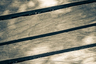 Muyil Chunyaxche Meksika 'daki Sian Kan' an Ulusal Parkı 'ndaki tropikal doğal orman palmiye ağaçları üzerindeki ahşap yürüyüş izleri ve köprünün eski siyah beyaz resmi..