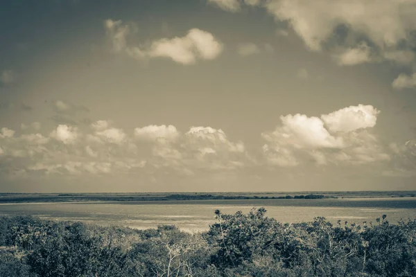 Старая Черно Белая Фотография Панорамы Лагуны Муйил Деревянной Смотровой Башни — стоковое фото