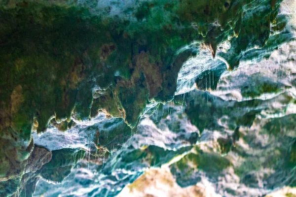 Puerto Aventuras Quintana Roo Mexico 'daki Santuario de los guerreros' taki inanılmaz mavi turkuaz su ve kireçtaşı mağarası çöküntüsü..