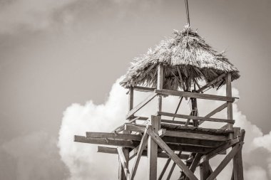 Sian Ka 'an Ulusal Parkı' nın tropikal orman ormanı Muyil Ka 'an Ulusal Parkı' ndaki Muyil Lagoon manzaralı ahşap bir kulenin eski siyah beyaz resmi..