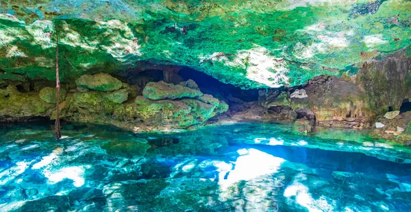 İnanılmaz mavi turkuaz su ve kireçtaşı mağarası çöküntüsü Puerto Aventuras Quintana Roo Mexico 'da Tajma ha Tajmaha' yı sahneledi..