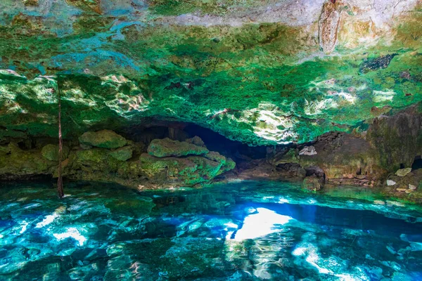 İnanılmaz mavi turkuaz su ve kireçtaşı mağarası çöküntüsü Puerto Aventuras Quintana Roo Mexico 'da Tajma ha Tajmaha' yı sahneledi..