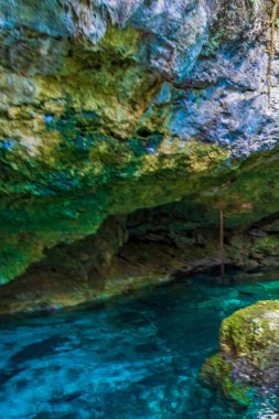 İnanılmaz mavi turkuaz su ve kireçtaşı mağarası çöküntüsü Puerto Aventuras Quintana Roo Mexico 'da Tajma ha Tajmaha' yı sahneledi..