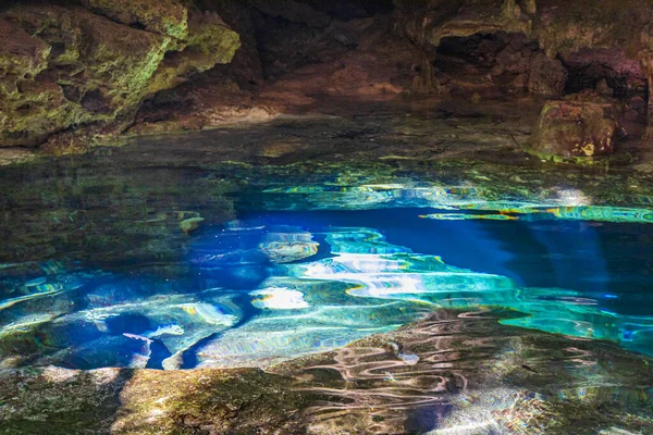 İnanılmaz mavi turkuaz su ve kireçtaşı mağarası çöküntüsü Puerto Aventuras Quintana Roo Mexico 'da Tajma ha Tajmaha' yı sahneledi..