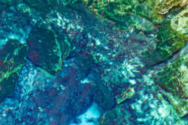 İnanılmaz mavi turkuaz su ve kireçtaşı mağarası çöküntüsü Puerto Aventuras Quintana Roo Mexico 'da Tajma ha Tajmaha' yı sahneledi..