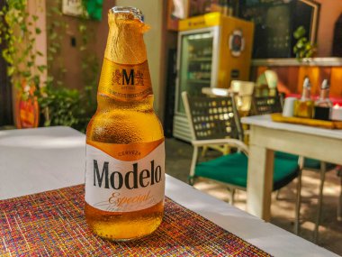 Playa del Carmen Meksika 01. Nisan 2022 Modelo bira şişesi Playa del Carmen Quintana Roo Meksika 'daki PapaCharly Papa Charly restoranında yemek ve içecek..