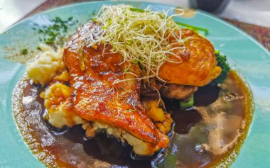 Playa del Carmen Quintana Roo Mexico 'daki PapaCharly Papa Charly restoranında bir tabak sağlıklı tavuk püresi ve salata..