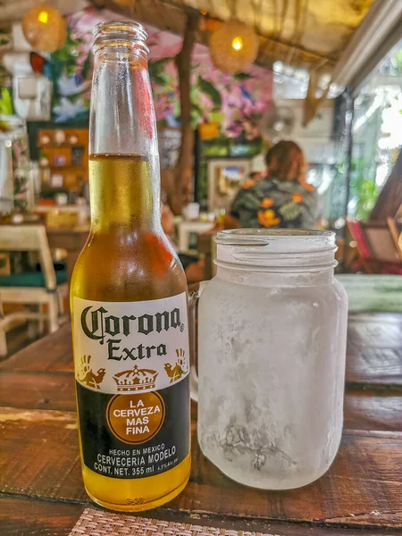 Playa Del Carmen Messico Aprile 2022 Corona Bottiglia Birra Cibi — Foto Stock