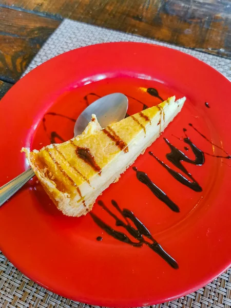Red Plate Cheesecake Food Drink Restaurant Papacharly Papa Charly Playa — ストック写真