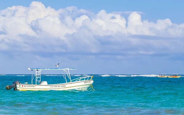 Tulum Meksika 02. Şubat 2022 Quintana Roo Mexico 'da turkuaz su dalgaları ve Tulum tekneleri ile inanılmaz ve güzel Karayip kıyıları ve sahil manzarası.
