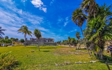 Tulum Meksika 25. Mart 2022 Antik Tulum, Tulum Meksika 'daki tropikal doğal orman palmiyesi ve deniz manzarası üzerindeki kalıntılar ve tapınak kalıntıları ile Maya bölgesini harap etti..