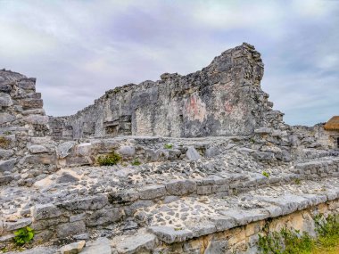 Ancient Tulum ruins Mayan site with temple ruins pyramids and artifacts in the tropical natural jungle forest palm and seascape panorama view in Tulum Mexico.