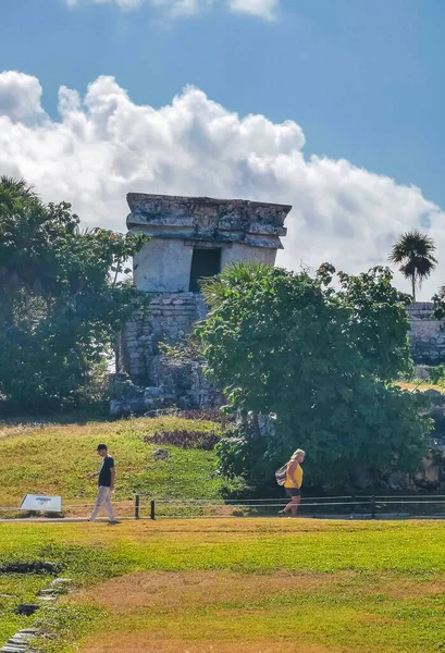 Tulum Meksika 18. Mart 2022 Antik Tulum, Tulum Meksika 'daki tropikal doğal orman palmiyesi ve deniz manzarası üzerindeki kalıntılar ve tapınak kalıntıları ile Maya bölgesini harap etti..