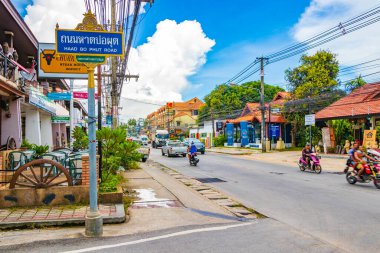 Koh Samui Thailand 25. May 2018 Typical colorful street road with markets shops restaurants buildings cars and people in Bo Phut on Koh Samui island in Surat Thani Thailand.