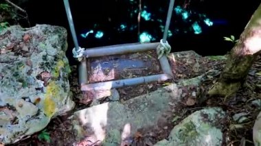 İnanılmaz mavi turkuaz su ve kireçtaşı mağarası çöküntüsü Puerto Aventuras Quintana Roo Mexico 'da Tajma ha Tajmaha' yı sahneledi..