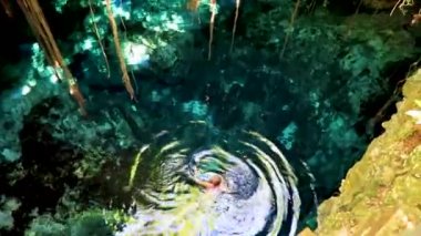 Porto Aventuras Quintana Roo Mexico 'da Tajma ha Tajmaha adlı inanılmaz mavi turkuaz suyu ve kireçtaşı mağarası turist rehberi..