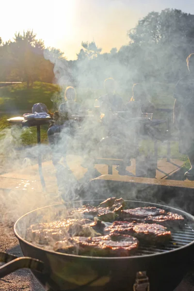Preparing Barbeque Bbq Campfire Sausages Meat Steak Chicken Speckenbuetteler Park — Stock Photo, Image