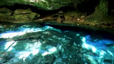 İnanılmaz mavi turkuaz su ve kireçtaşı mağarası çöküntüsü Puerto Aventuras Quintana Roo Mexico 'da Tajma ha Tajmaha' yı sahneledi..